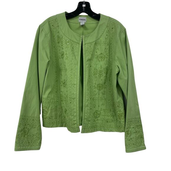 Y2K Chico's Embellished Embroidered Light Green Jacket Womens 12 - Picture 1 of 6